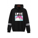 Fashion Ladys Character Letter Printed Long Sleeve Pullover Drawstring Regular Fitted Hooded Sweatshirt