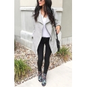 Gray Lapel Collar Long Sleeve Asymmetric Zipper Longline Wool Coat for Women