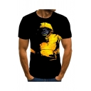 Trendy Mens Short Sleeve Crew Neck Cartoon Skull 3D Printed Colorblock Fitted T-Shirt in Black