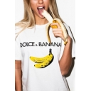 Stylish Tee Top Fruit Banana Printed Short Sleeve Fitted Round Neck Graphic Tee Top for Women