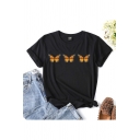 Preppy T-Shirt Butterfly Print Short Sleeves Regular Fitted Round Neck T-Shirt for Women