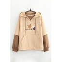 Stylish Colorblock Bear Cup Letter Printed Pocket Long Sleeve Pullover Drawstring Regular Fitted Hoodie for Women