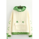 Cute Cartoon Frog Pattern Flap Pocket Long Sleeve Drawstring Lace up Pullover Regular Fitted Hoodie for Ladies