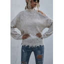 Fashion Womens Solid Color Distressed Cold Shoulder High Neck Long Sleeve Loose Fit Crop Sweater-Knit Top in Gray