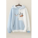 Casual Ladys Colorblock Rabbit Carrot Pattern Long Sleeve Drawstring Pocket Pullover Relaxed Fitted Hoodie