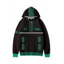 Mens Stylish Hoodie 3D Plaid Japanese Letter Pattern Drawstring Fitted Long Sleeve Hooded Sweatshirt