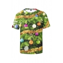 3D Bell Tree Printed Round Neck Short Sleeve T-Shirt