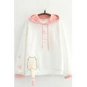 Fancy Girls Colorblock Cat Footprinted Letter Pattern Long Sleeve Pullover Drawstring Oversized Hooded Sweatshirt with Cat Tail