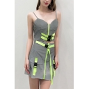 Girls Hot Fashion Stylish Reflective Light Buckled Waist Zipper-Fly Pocket Front Mini Fitted Grey Skirt