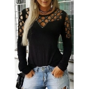 Womens Stylish Diamond Hollow Out Rhinestone Embellished Long Sleeve Black Fitted T-Shirt
