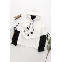 Stylish Girls White Cartoon Panda Pattern Long Sleeve Lace up Pullover Drawstring Fake Two Piece Hoodie with Bag