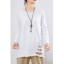 Girls Vintage Solid Color Round Neck Long Sleeve Cutout Loose Casual White Cotton Tee