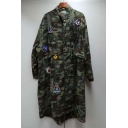 New Fashion Badge Patchwork Stand-Up Collar Long Sleeve Longline Camouflage Coat