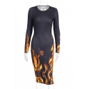 Chic Round Neck Flame Pint Long Sleeve Slim-fit Bodycon Mini Dress
