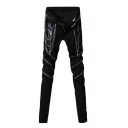 Men's Street Style Trendy Chain Buckle Zipper Embellished Simple Plain Black Pencil Pants