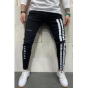 Black Fashion Mid Waist Bone Patterned Ripped Ankle Length Slim Fit Jeans for Boys