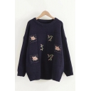 Popular Womens Sweater Flower Embroidery Long Sleeve Loose Fitted Round Neck Pullover Sweater