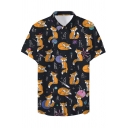 Cute Cartoon Fox Pattern Summer Guys Holiday Short Sleeve Beach Hawaiian Shirt