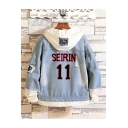Chic Mens Denim Jacket Letter Seirin 11 Pattern Faux Twinset Raw Edge Button up Fitted Long-sleeved Hooded Denim Jacket in Blue