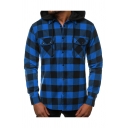 Mens Trendy Shirt Checkered Pattern Button up Drawstring Detachable Hooded Long Sleeve Slim Fitted Shirt