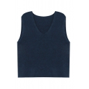 Grey Basic Sleeveless V-Neck Knit Relaxed Fit Short Pullover Sweater Vest for Female
