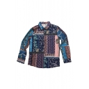 Blue Tribal Pattern Long Sleeve Lapel Collar Button Up Loose Shirt for Men