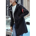 Popular Mens Wind Coat Letter Printed Button up Drawstring Pocket Long Sleeve Hooded Trench Coat in Black