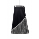 Winter's Chic Two-Tone Elastic Waist Retro Plaid Printed Midi A-Line Pleated Skirt