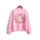 Preppy Stylish Pink Cute Cat Printed Mock Neck Long Sleeve Loose Fit Pullover Sweatshirt