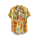 Summer Trendy Hawaiian Tropical Pattern Lapel Collar Short Sleeve Beach LInen Shirt for Guys
