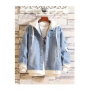 Stylish Mens Blue Denim Jacket Cartoon Face Letter Printed Button up Drawstring Raw Edge Long Sleeve Fitted Hooded Denim Jacket