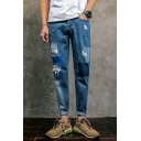 Mens Retro Nostalgia Color Block Patched Casual Blue Tapered Ripped Jeans