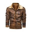 Mens Jacket Trendy Applique Fur-Lined Suede Zipper up Turn-down Collar Long Sleeve Slim Fitted Work Jacket