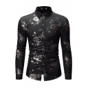 Cool Mens Shirt Peony Gilding Pattern Button-down Long Sleeve Point Collar Slim Fitted Shirt