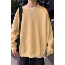 Vintage Mens Sweatshirt Solid Color Non-Ironing Round Neck Long Sleeve Loose Fit Pullover Sweatshirt