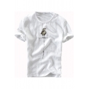 Novelty Mens T Shirt Bird Embroidery Permeability Cotton Linen Regular Fit Short Sleeve Round Neck T-Shirt