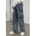 Retro Mens Jeans Side Pockets Tab Detail Zipper Fly Loose Fitted Long Straight Jeans