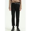 Mens Jeans Chic Plain Frayed Hem Zipper Fly Regular Fit 7/8 Length Black Tapered Jeans