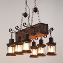 6 Bulbs Island Light Fixture Country Rectangle Wood Block Hanging Lamp with Lantern Shade in Brown