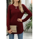 Womens Basic Tee Top Plain Ruched-Side Full Sleeve Round Neck Fitted T-Shirt