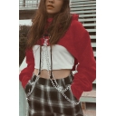 Red Plain Chain Decorated Long Sleeve Cutout Super Cropped Hoodie