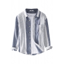 Mens Shirt Trendy Color Block Stripe Panel Cotton Linen Spread Collar Button Detail Regular Fit Long Sleeve Shirt