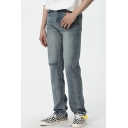 Novelty Mens Jeans Medium Wash Distressed Zipper Fly Ankle Length Regular Fit Tapered Jeans