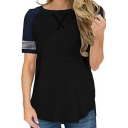 All-Match T-Shirt Contrast Panel Crew Neck Short Sleeve Fitted Tee Top for Women