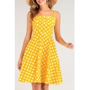 Womens Dress Fashionable Polka Dot Pattern Tie Detail Spaghetti Strap Midi A-Line Slim Fitted Sleeveless Swing Dress