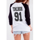 Trendy T-Shirt Color Block Number 91 Letter Tomlinson Printed Crew Neck Long Sleeves Regular Fitted Tee Top