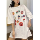 Girls Summer Cute Heart Letter I LOVE SUSHI Print White Oversized Loose T-Shirt