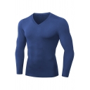 Basic Mens T-Shirt Solid Color Thickened Stretch V Neck Long Sleeve Skinny Fitted T-Shirt