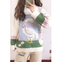 Fancy Duck Rabbit Farm Pattern Long Sleeve Round Neck Beige Knitted Sweater
