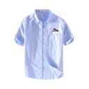 Mens Shirt Unique Chest Pocket Oxford Label Patch Button down Short Sleeve Point Collar Regular Fit Shirt